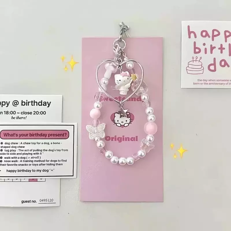 Kawaii Sanrio Love Hello Kitty Beaded Phone Case Chain Girl Cartoon Keychain Pendant Backpack Strap Decoration Holiday Gift