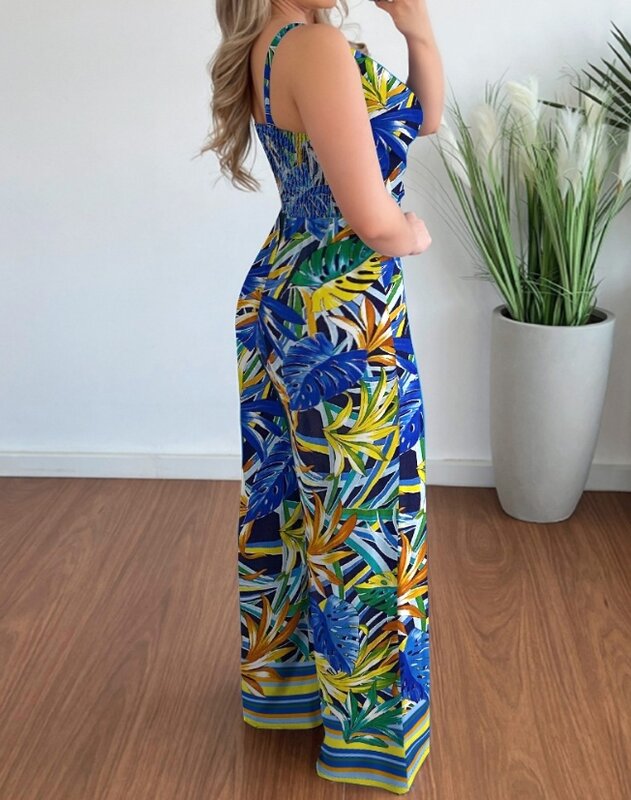 Casual Jumpsuit for Women 2024 Summer Sleeveless V-Neck Tropical Print Shirred Daily Holiday High Waisted Wide Leg Jumpsuit