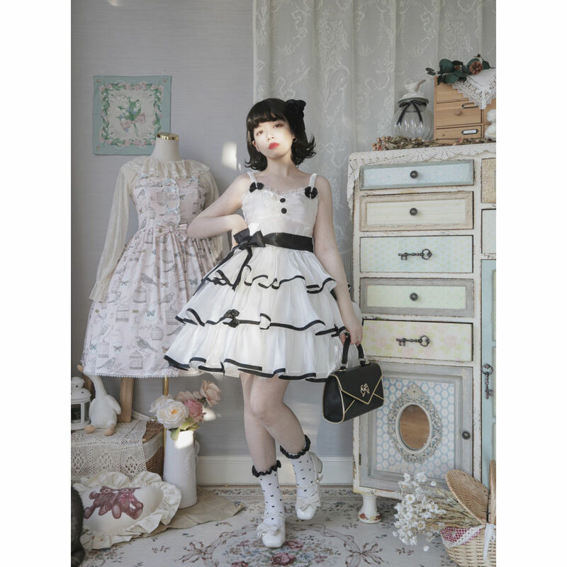 Lolita Kleid Weiße Kamelie/Schwarz Rose Frauen Jsk Drei-bühne Süße Nette Weiche Mädchen Kleider Kawaii Girly Lolita JSK Kleid