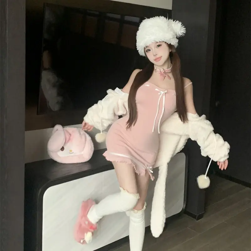 Herbst Winter süße Lolita Stil 2 Stück Set Frauen Kawaii Hasen ohr Kapuze Woll mantel sexy Bogen Slip Kleid weibliche koreanische süße Anzug