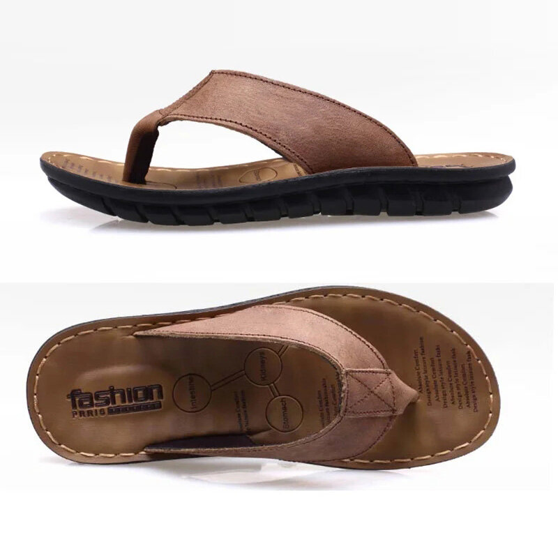 Chinelos de couro genuíno masculinos, sandálias antiderrapantes planas, preto, cáqui, chinelos de férias, sapatos de verão, A673