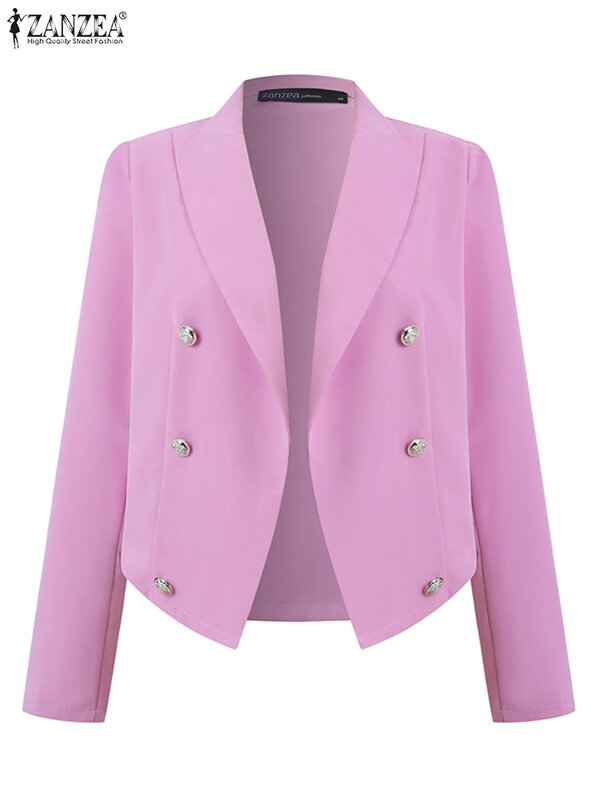 Винтажная осенняя куртка ZANZEA с отложным воротником, Модный женский однотонный Блейзер 2023, повседневные укороченные пальто на пуговицах с украшением, шикарная верхняя одежда