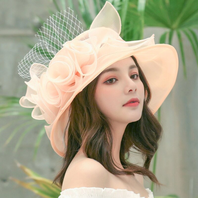 Elegant Bow Lady Hat Summer Organza Wide Brim Sunscreen Kentucky Derby Hats For Women Church Wedding Beach Sun Cap Foldable