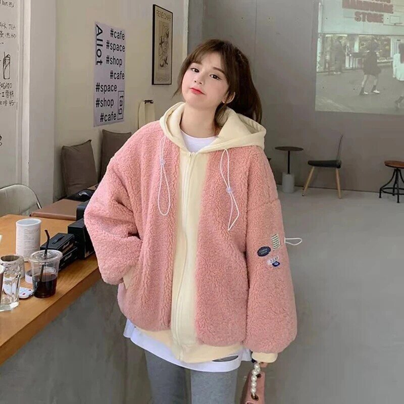 Женское пальто из овечьей шерсти, искусственная двухкомпонентная теплая плюшевая Свободная куртка, женское осенне-зимнее розовое толстое повседневное пальто с капюшоном на молнии, 2022