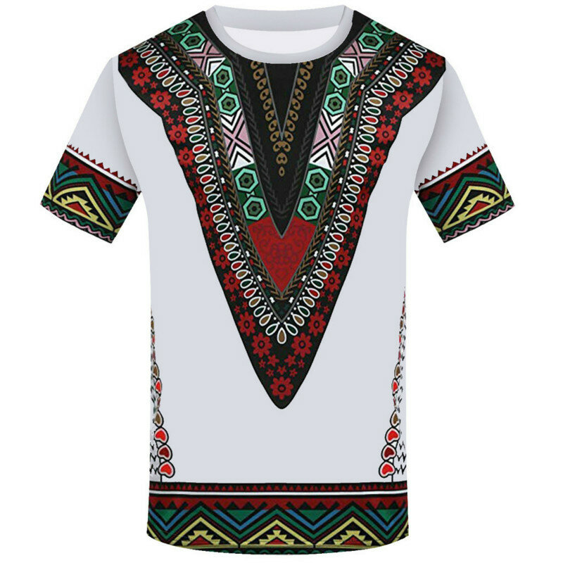 Kaus Pria Musim Panas Baru Longgar Pola Etnis Afrika Kaus Leher Bulat Kaus Gaun Etnis Vintage Print 3D