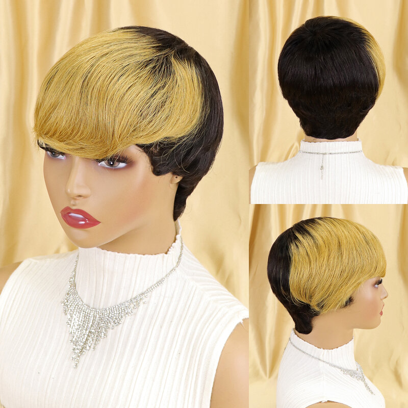 Kurze Gerade Menschenhaar Perücken Natürliche Farbe Brasilianische Remy Haar Pixie Cut Perücke Günstige Menschliches Haar Perücke Für Schwarze Frauen ombre Braun