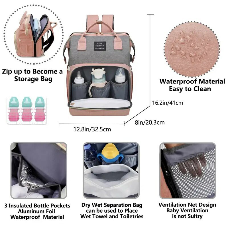 แม่ถุงผ้าอ้อมเด็กกระเป๋าเป้สะพายหลังเปลี่ยนแผ่นบังแดดมุ้งกันยุงเปียกและแห้งพอร์ตชาร์จ USB รถเข็นกระเป๋าแขวนฟรี