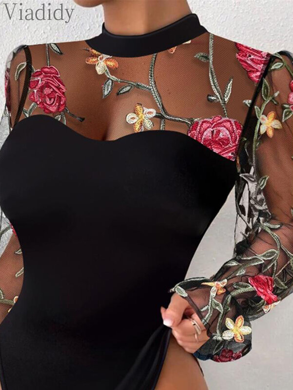 Women Sexy See Through Sheer Mesh Patchwork Floral Embroidery Bodysuit