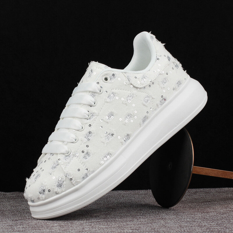 Spring New Women Platform Sneakers Fashion Sequin Denim Vulcanized Shoes Non-slip Thick Sole Sports Shoes Low Top Casual Shoes