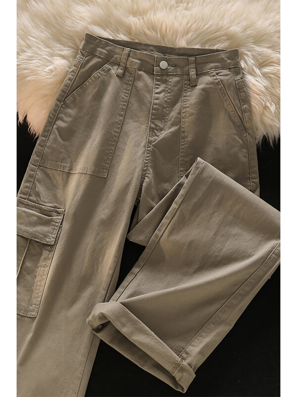 Pantalones Cargo caqui para mujer, ropa de calle Retro Y2k, pantalones holgados de cintura alta, pantalones coreanos Harajuku, Pantalones rectos de pierna ancha, ropa