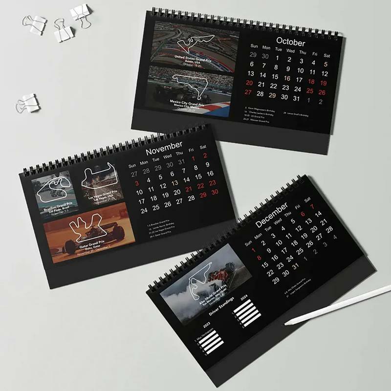 Calendario de escritorio F1 2024 F1 para coche de carreras, planificador de horario diario de fácil planificación, encuadernación de doble cable, calendario de carreras para sala de estar