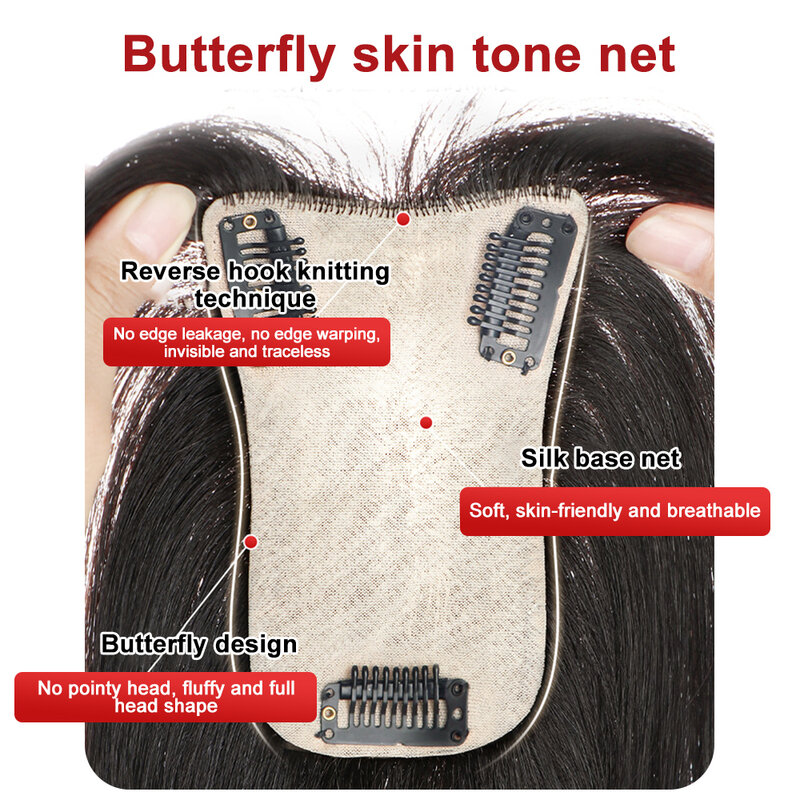 Hiasan rambut manusia asli 100% dengan poni, klip dasar sutra pada bagian atas rambut rontok ringan/menipiskan rambut/abu-abu