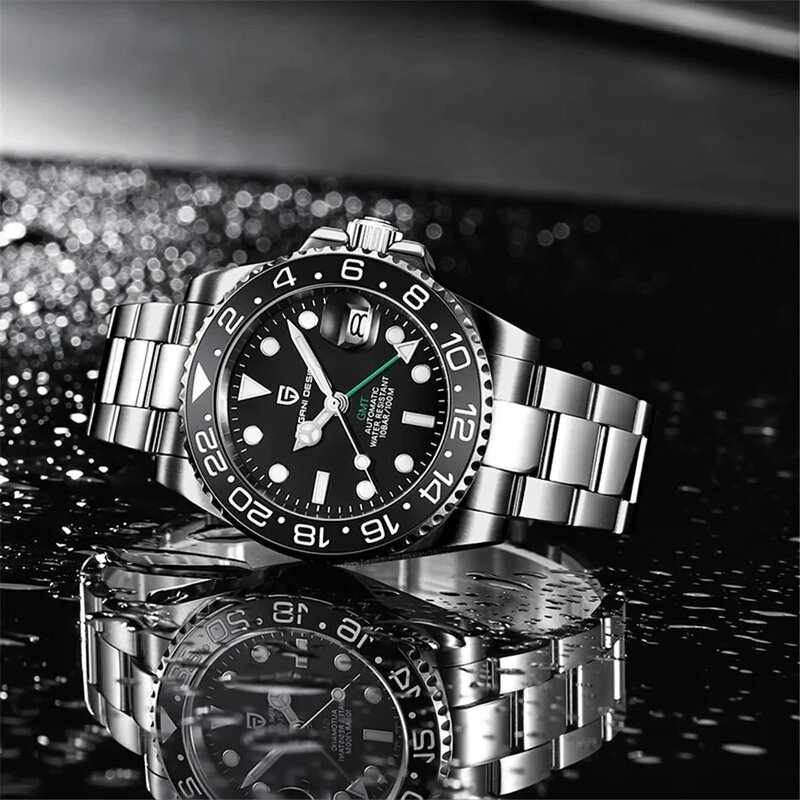 Gmt男性用機械式腕時計サファイアガラスステンレス鋼100m防水自動時計デザインPD-1662高級
