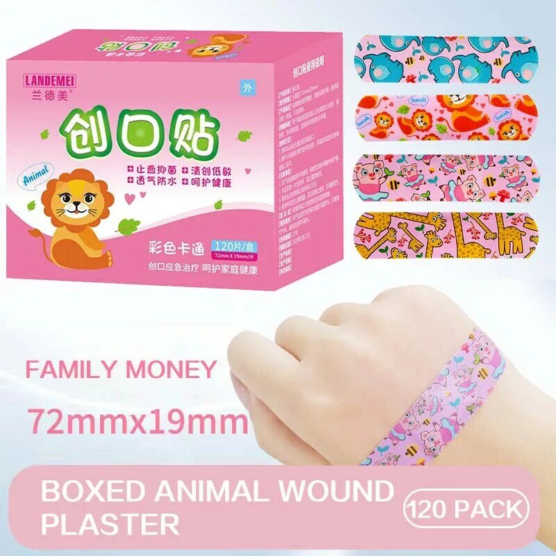 Parches de yeso para heridas para niños, adhesivos para hemostasia con patrón de animales de dibujos animados Kawaii, lote de 120 unidades
