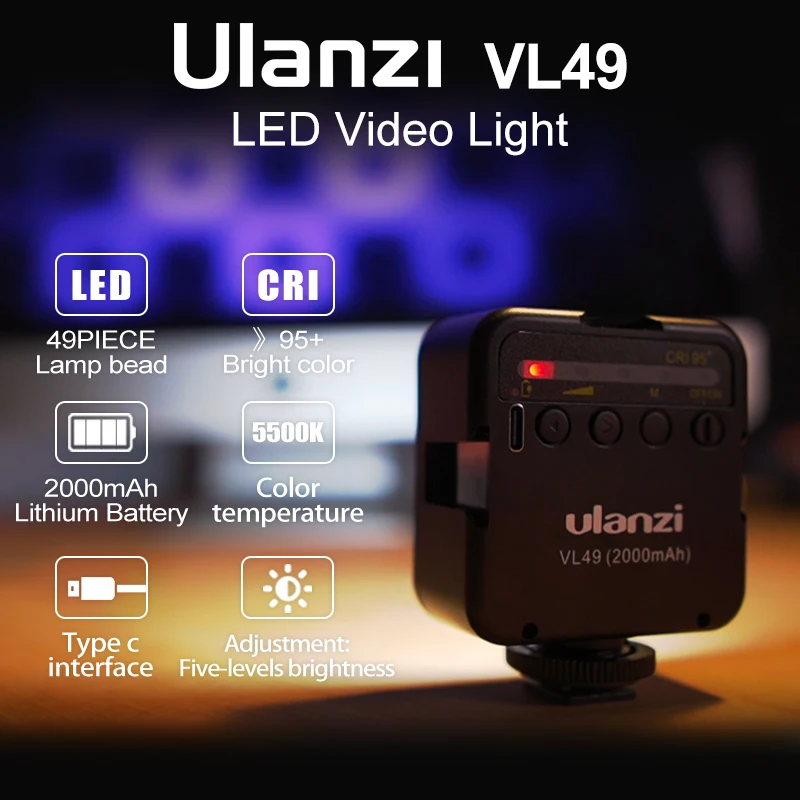 Ulanzi VL49เติมไฟ LED Vlog ขนาดเล็ก6W สีขาว2000mAh 5500K ซูมได้แสงไฟถ่ายภาพเติมไฟสำหรับโทรศัพท์วิดีโอด้วยตัวเอง