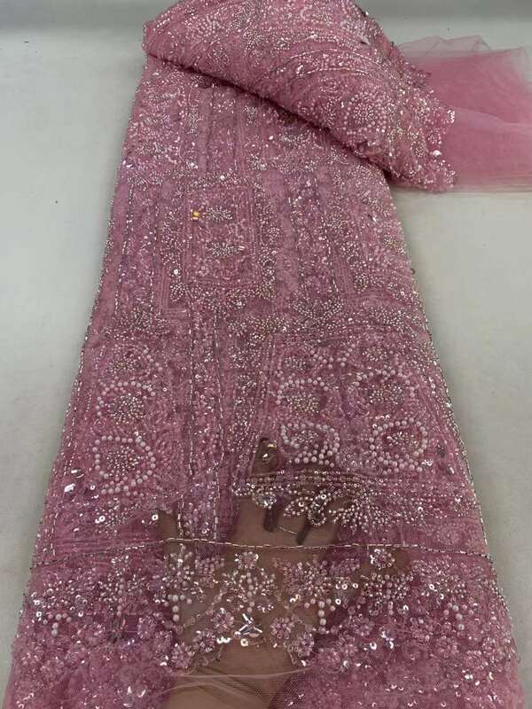 Tecido de renda de tule frisado africano rosa lantejoulas de alta qualidade, luxo francês do noivo tecido de renda para o vestido de casamento nupcial, tule frisado pesado, 2022
