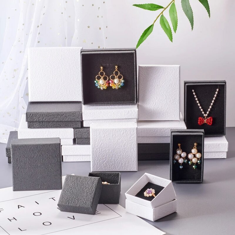 pandahall 15/18/24pcs Cardboard Jewelry Set Box for Ring Necklace Bracelet Rectangle Tan Black White Kraft Cotton Filled Paper
