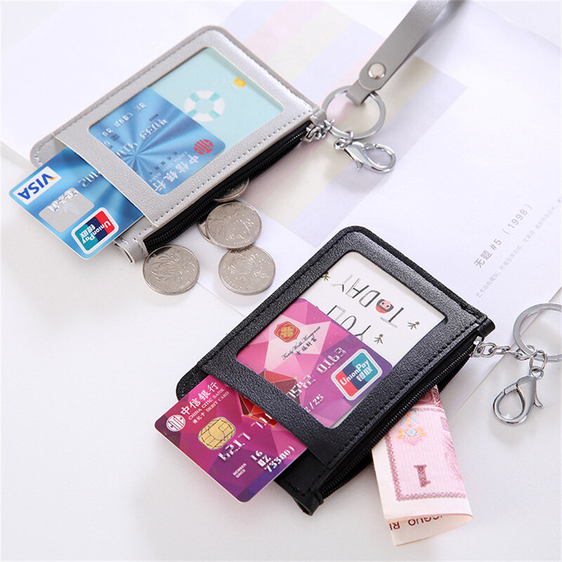 Fashion Women Credit Card Wallet Short Pu Leather Black Zipper Money New Card Purse Coins Bags Card Holder With Strap Gifts