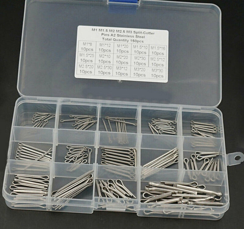 150 pezzi spacchi/spilli spaccati in acciaio inossidabile A2-Marine grado (304) + assortimento di maglie rigide in acciaio scatola