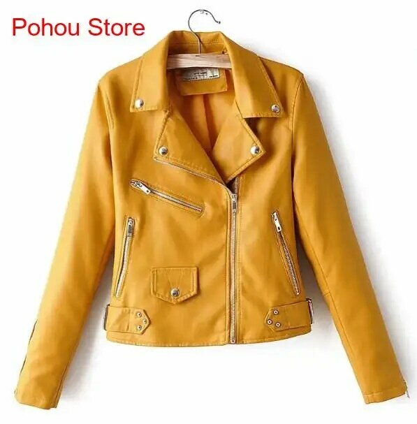 Spring Autumn Solid Color Short Pu Leather Jacket for Women