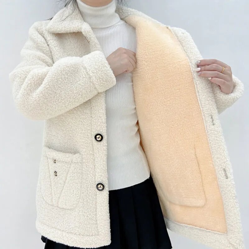 중년 여성용 양모 모조 모피 오버 코트, 두껍고 따뜻한 벨벳 코트, 대형 사이즈 5XL, 2022