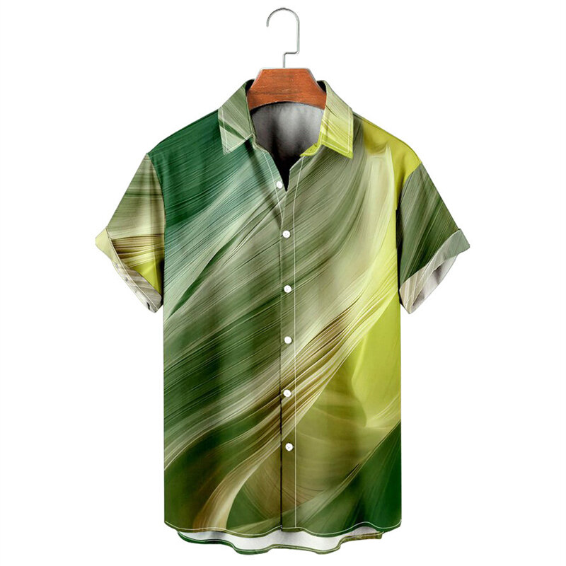 Summer Gradient Line Print Camisa Men's Summer Hawaii Beach Shirts Holiday Party Male Oversized Lapel Street Social Apparel Tops