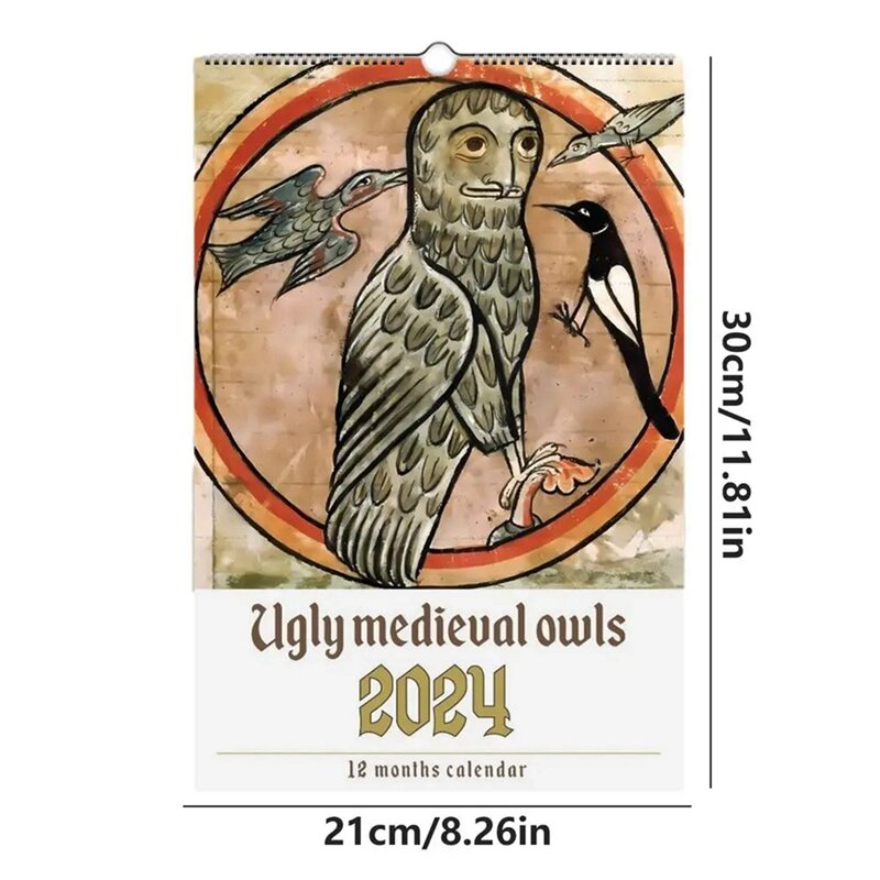 Настенный календарь с уродливой совой, календарь на новый год 2024 года с Дагоном, календарь 2024, ежедневник на 12 месяцев, картины с птицами, подарок