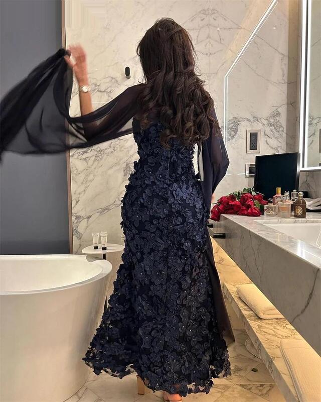 Modna czarna koronkowa aplikacja bez ramiączek kwiaty suknia wieczorowa syrenka do kostek elegancka formalne suknie balowe bez rękawów-224