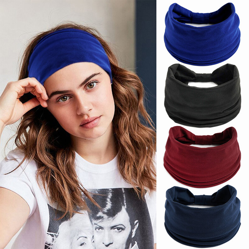 Fashion Solid Color Wide edge Cotton yoga absorbs sweat Women Girl Headband Headpiece Turban Bandage Hair Accessories Headwear
