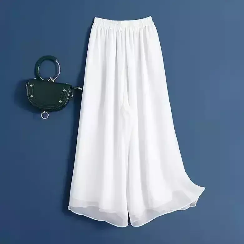 Damskie spodnie z szerokimi nogawkami dwuwarstwowe luźne spodnie typu Swing uniwersalne spodnie z wysokim stanem luźna przycięta spodnie szyfonowe
