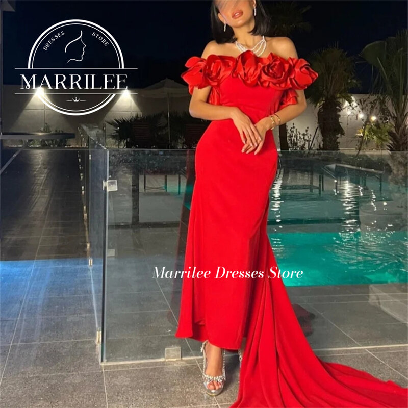 Marrilee Elegant Off The Shoulder 3D Flowers Stain Meimaid Evening Dress Sexy Ankle Length Open Back Sleeveless Prom Patry Gowns