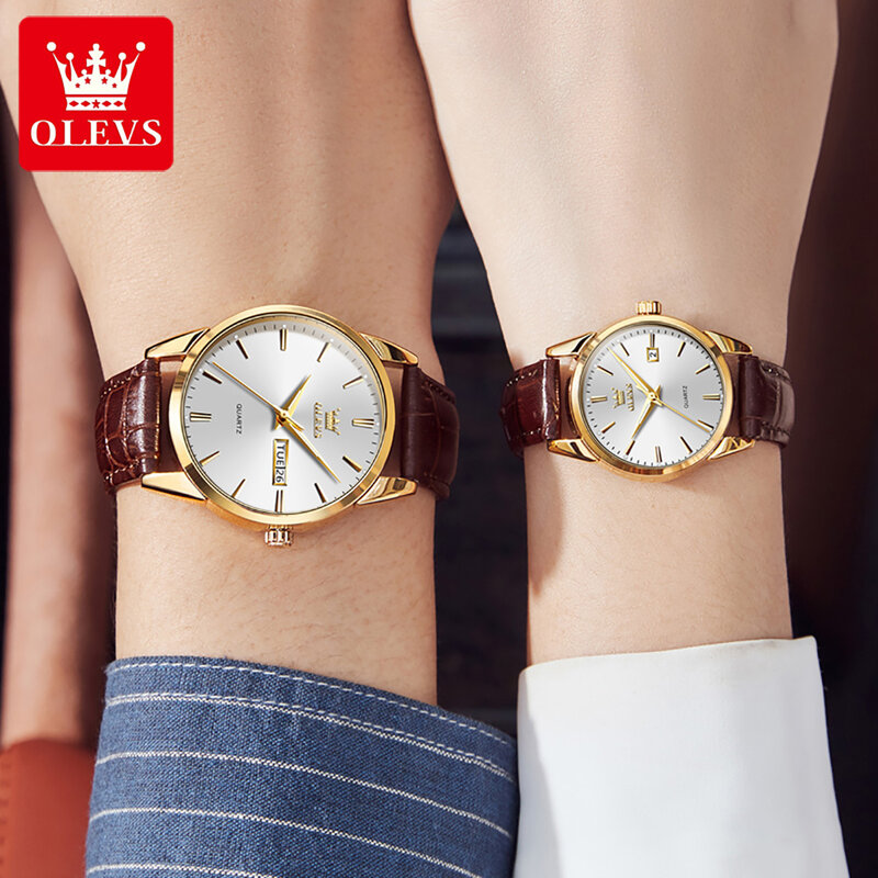 OLEVS-Relógio de pulso de quartzo impermeável masculino e feminino, pulseira de couro, data e semana, moda simples, par relógios