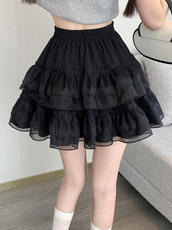Pleated Skirt Sexy New Lace Design Short Mini Black Summer High Waist Ruffles Sweet Hottie Preppy Style Casual