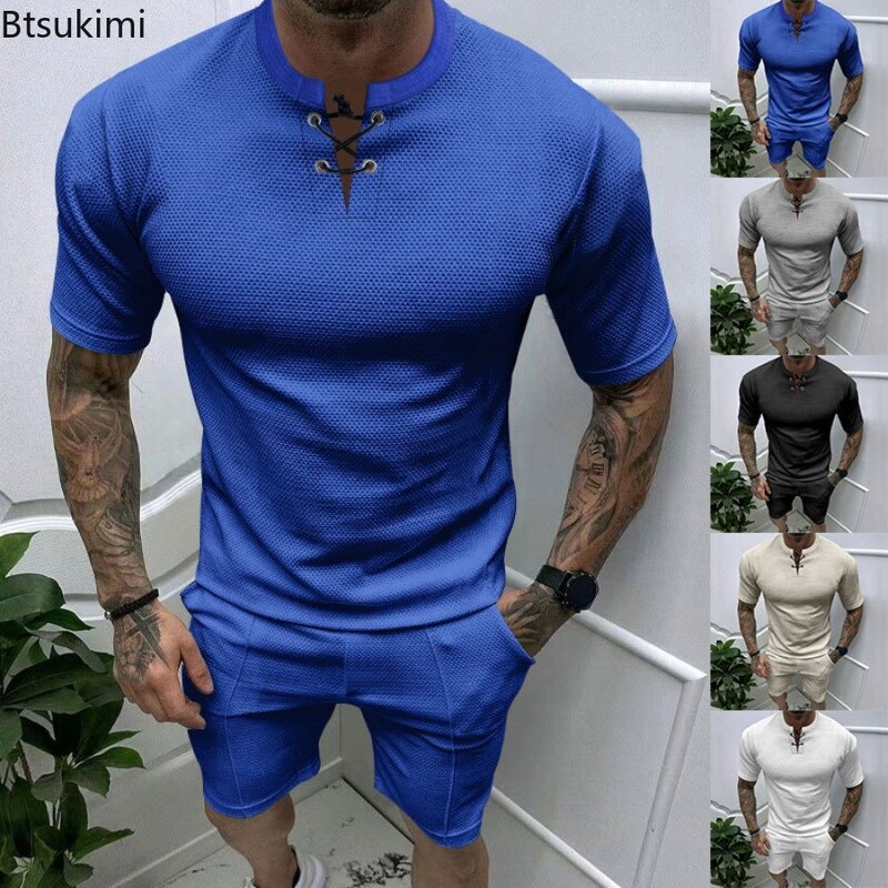 Summer Men's Casual Sport Sets Fashion New Waffle Drawstring O-neck Short Sleeve Pullover Shorts 2 Piece Set 2024 Men Tracksuits