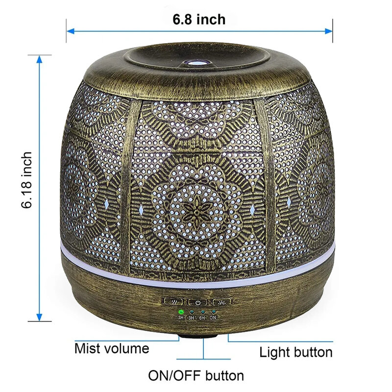 500Ml Penyebar Aroma Perunggu Logam Penyebar Aromaterapi untuk Minyak Esensial 7 Warna Lampu Aroma Pelembap untuk Bayi Kantor Rumah