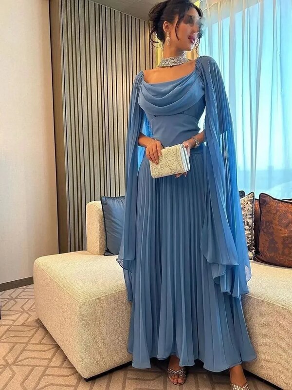 Романтические синие шифоновые вечерние платья-трапеции в стиле Саудовской Аравии, со складками, длиной до щиколотки, официальное женское платье для гостей свадьбы, модель 2024 года