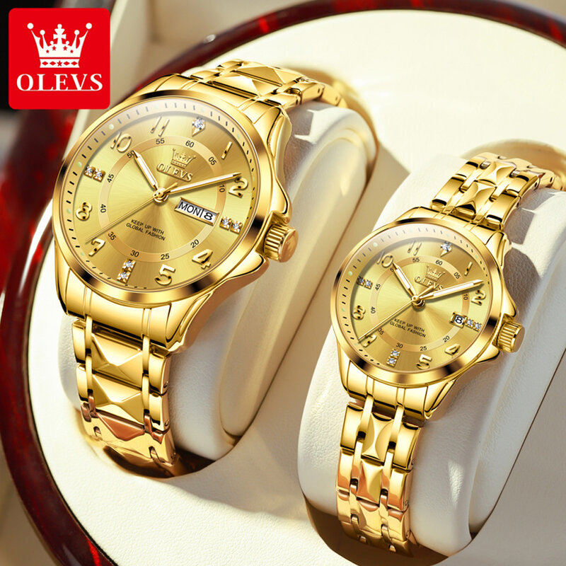 OLEVS-par de relojes de pareja de marca de lujo para hombres y mujeres, reloj de pulsera de cuarzo dorado clásico, resistente al agua, con fecha, juego de amantes, Original