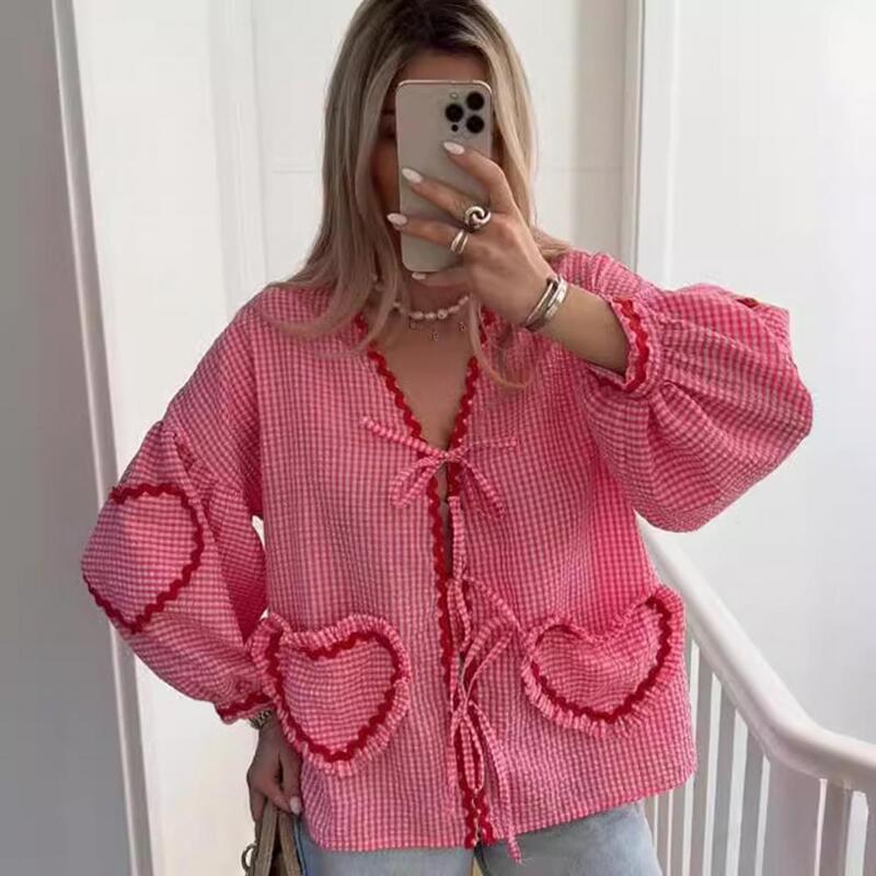 Women Casual Shirt V-Neck Lantern Long Sleeve Top With Front Tie Plaid Print Heart Decor Loose Fit Shirt Tops Streetwear
