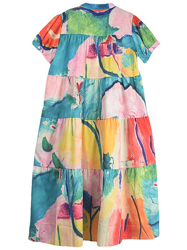 XITAO gaun kasual lengan pendek wanita, gaun bercetak kerah berdiri Fashion warna kontras longgar musim panas LYD1902