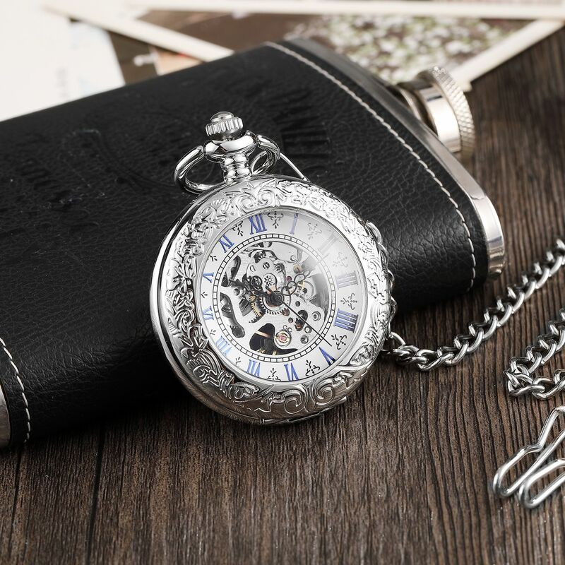 Luksusowe srebrne rzymskie cyfry maszynowe kieszonkowy zegarek męski damski Hollow Vintage wisiorek naszyjnik najlepsze prezenty dla mężczyzn kobiet