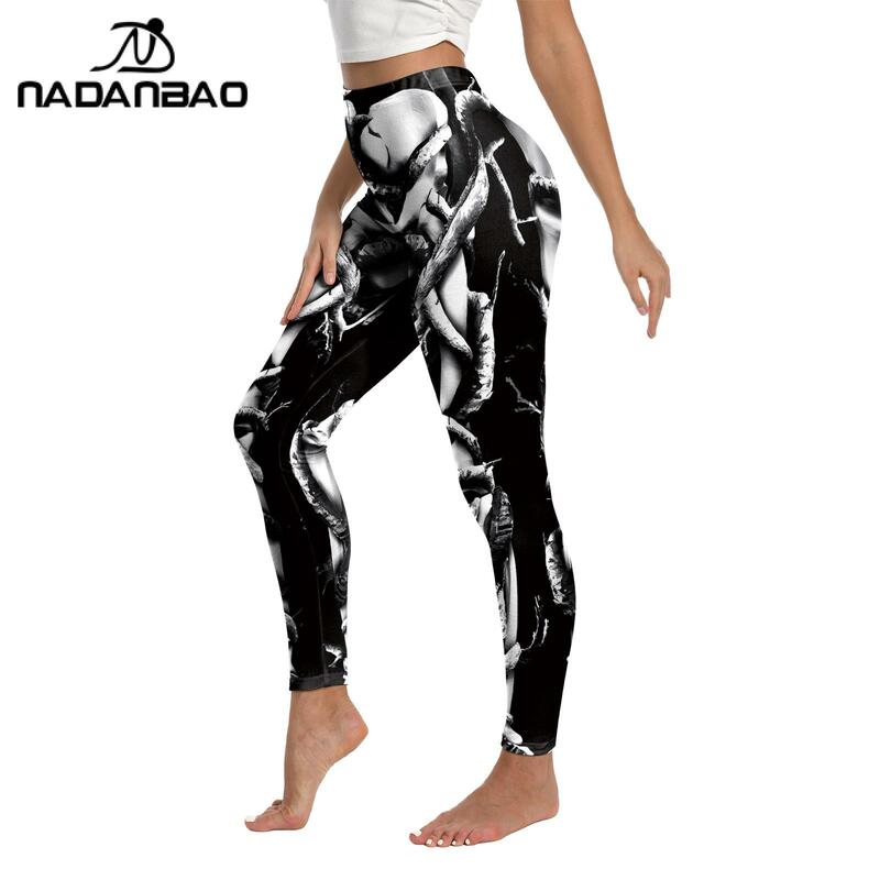 Nadanbao Women's Pants Black Skull 3D Printed Casual Halloween Party Clothing High Waist Leggings Trousers Slim Leggings