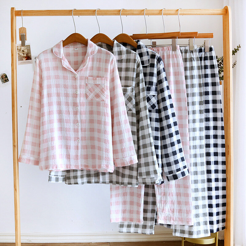 Pijama de dupla camada para mulheres, pijama xadrez solto simples, calças de mangas compridas, terno doméstico, crepe fino loungewear, outono, algodão