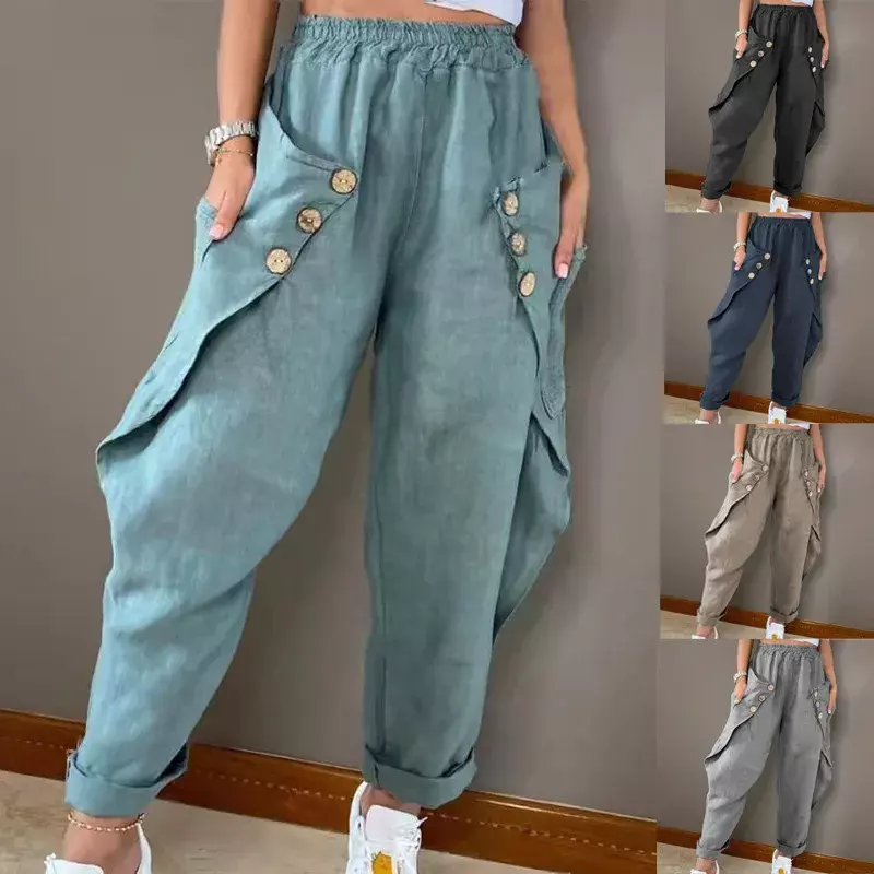 Pantalones informales con bolsillos para mujer, ropa europea y americana, cintura abotonada, YBF54-3, novedad de verano 2024