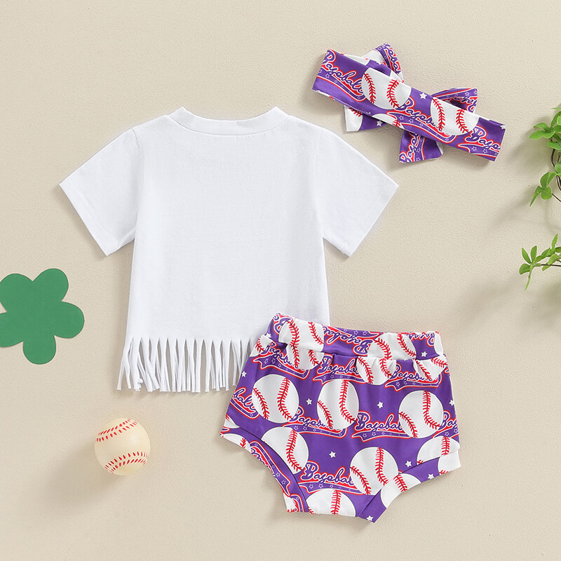 2024-04-05 Lioraitiin Baby Girls Shorts Set, Short Sleeve Letters Print T-shirt with Baseball Print Shorts and Hairband Outfit