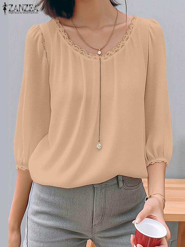 Модная кружевная Лоскутная рубашка с рукавом 3/4 ZANZEA, лето 2024, повседневные женские топы, офисная блузка, элегантная женская блузка для работы