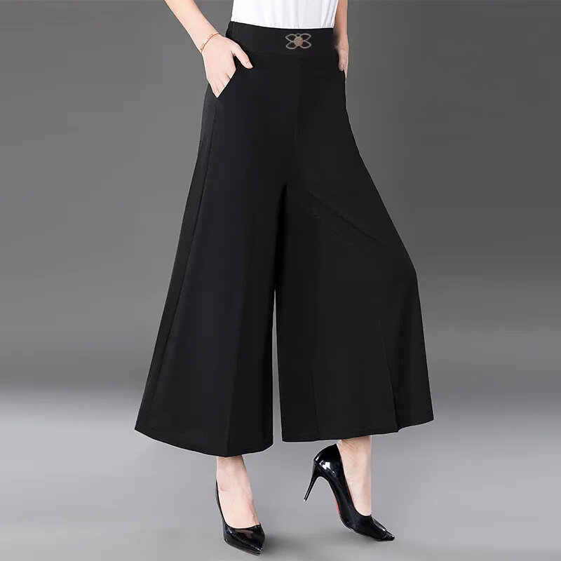 High-Waist Wide-Leg Pants Women 2024 Spring Summer Thin New Casual Pantskirt Ice Silk Pants Fashion Mother Installed Nine Pants