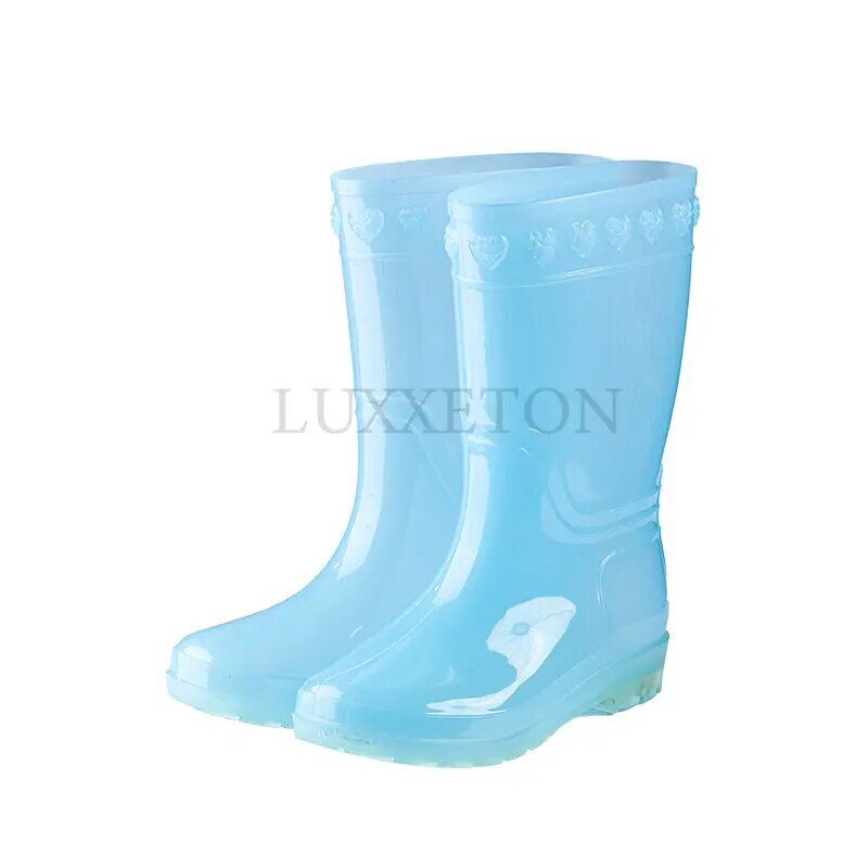 Sepatu bot hujan tabung tinggi wanita PVC sepatu air kerja tahan air untuk anak perempuan warna permen mode selip di lutut jeli tinggi