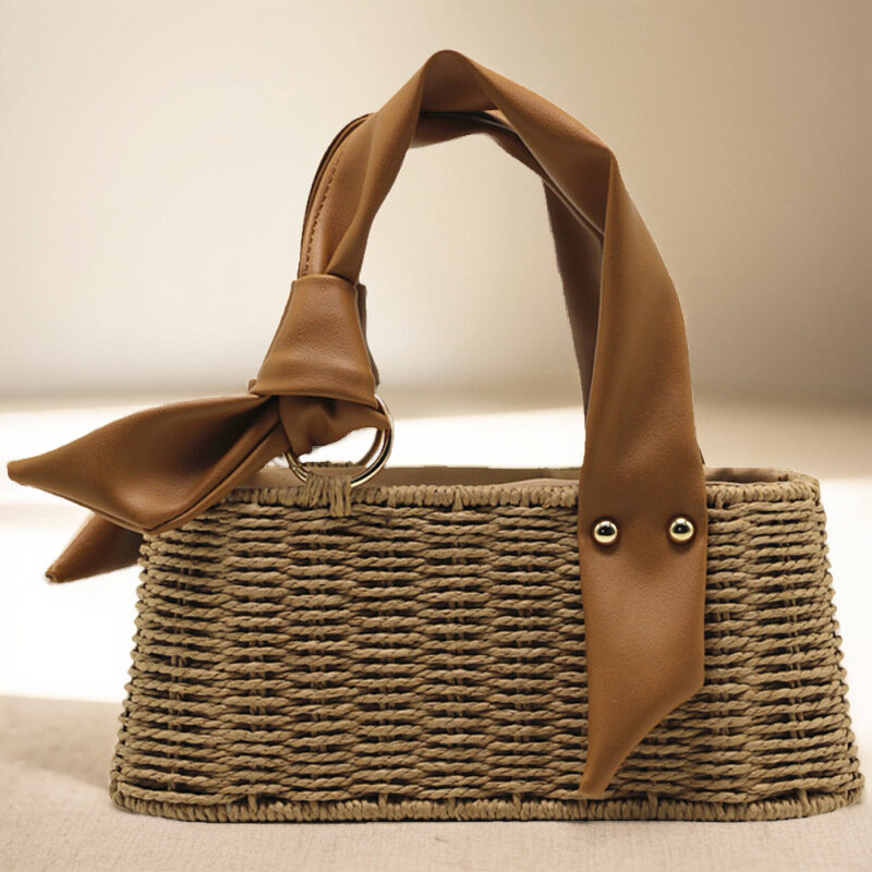 女性のためのボヘミアン織りボックスバッグ,結び目のあるハンドル,デザイナーのハンドバッグ,手作りの紙のロープ,ストローバスケットバッグ,旅行,ビーチバッグ,シック