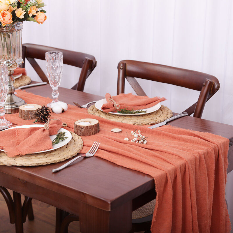 녹슨 거즈 테이블 러너 테라코타 코튼 식탁, 레트로 버 질감, 빈티지 홈 크리스마스 웨딩 장식
