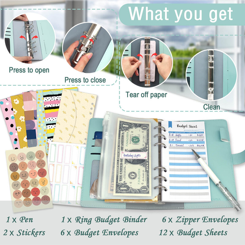 지퍼 봉투가 있는 예산바인더, 예산지가 있는 현금 봉투, PVC 주머니, 현금 봉투, 스티커 및 펜